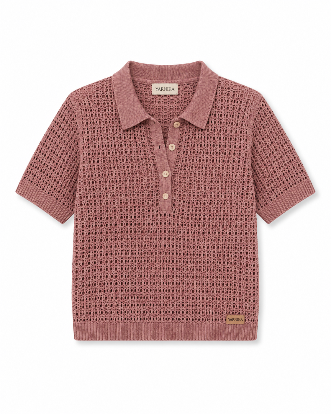بلوزة بولو كروشيه مفرغ نسائية نصف كم بلون كشمير مع 4 أزرار وياقة من ماركة يارنيكا YARNIKA